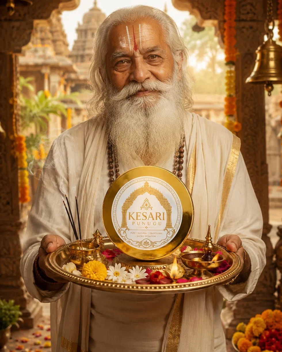 Pooja tray with Kesari Punugu in a temple setting